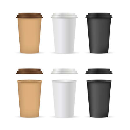 Close up take-out coffee with brown cap and cup holder. Isolated on white background. Vector Illustration.のイラスト素材