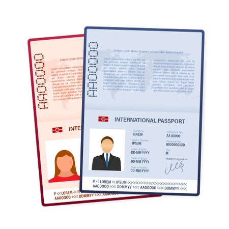 Blank open passport template. International passport with sample personal data page. Vector stock illustrationのイラスト素材