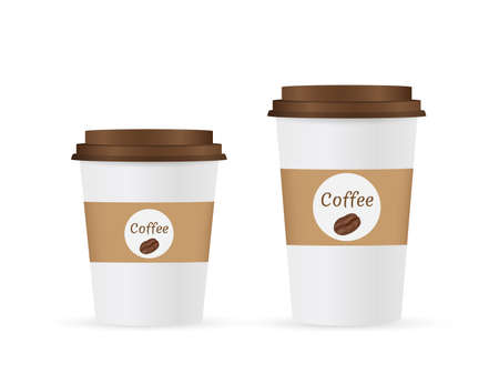 Close up take-out coffee with brown cap and cup holder. Isolated on white background. Vector Illustration.のイラスト素材