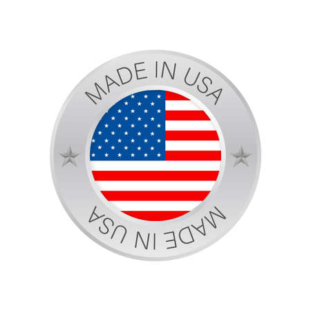 Glossy metal badge icon, made in USA with flag. Vector stock illustrationのイラスト素材
