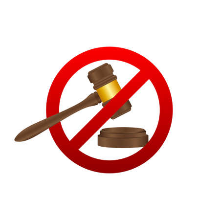 No to law. Stop sign icon. Auction hammer prohibited. Judge gavel icon. Vector stock illustrationのイラスト素材