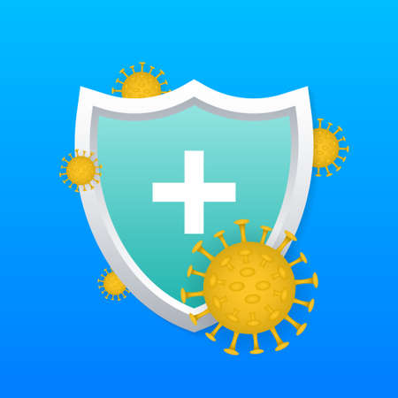Immune system concept. Medical shield surrounded by viruses and bacterium. Vector stock illustrationのイラスト素材