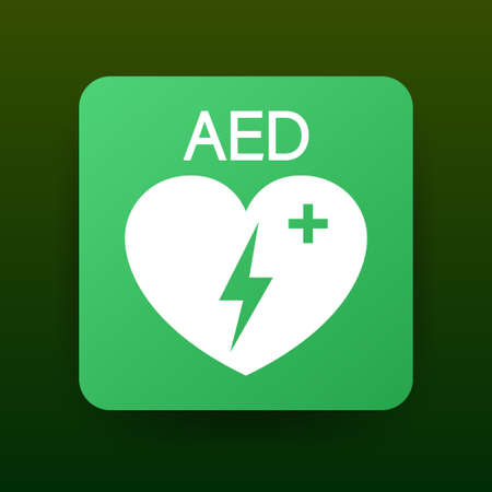 Emergency first aid defibrillator sign. White heart icon and white cross icon. Vector stock...