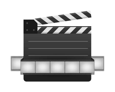 Black closed clapperboard and film strip. Black cinema slate board, device used in filmmaking and video production. Realistic vector stock illustrationのイラスト素材