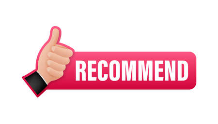 Recommend icon. White label recommended on blue background. Vector stock illustration.のイラスト素材