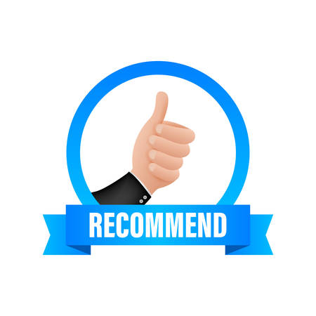 Recommend icon. White label recommended on blue background. Vector stock illustration.のイラスト素材