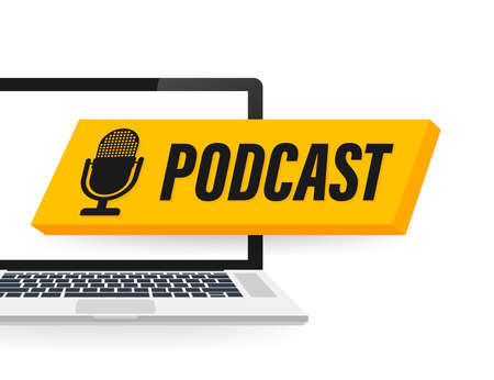 Podcast Badge on laptop screen, icon, stamp Vector stock illustrationのイラスト素材