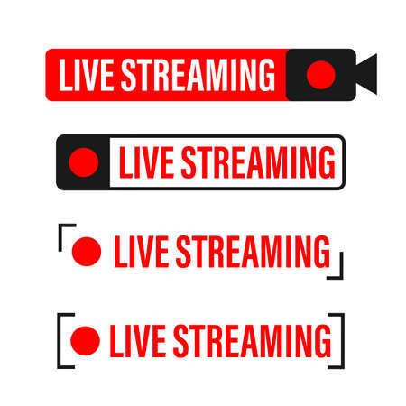 Live streaming flat logo - red vector design element with play button. Vector illustration.のイラスト素材