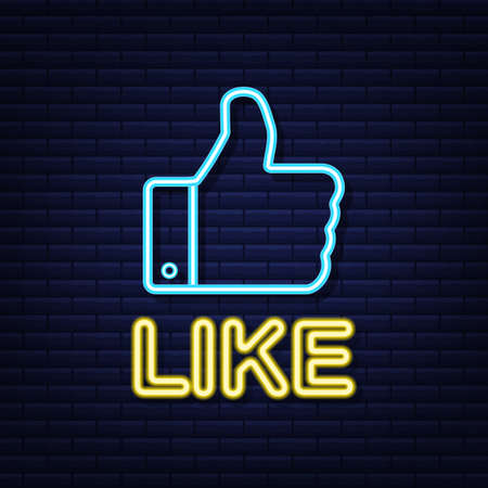 Blue like neon on light background. Thumb up icon. Hand like. Social media network. Vector stock illustrationのイラスト素材