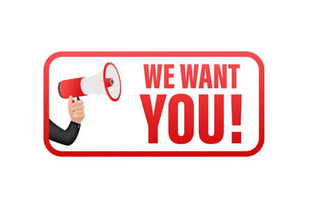 Megaphone label with we want you. Megaphone banner. Web design. Vector stock illustrationのイラスト素材