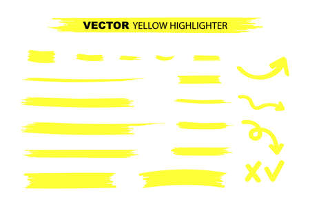 Yellow Highlighter Marker Strokes. Yellow watercolor hand drawn highlight set. Vector stock illustrationのイラスト素材