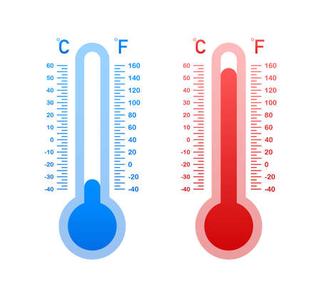Modern thermometer, Summer background. Thermometer in cartoon style. Thermostat. Vector stock illustration.のイラスト素材