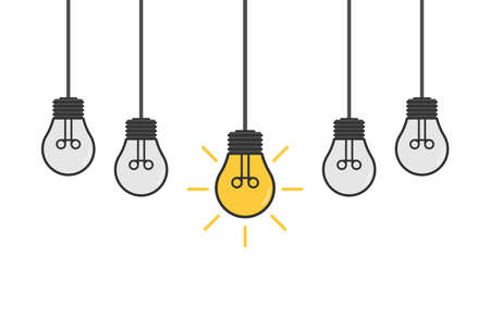 Cartoon lamps. Bulb light icon - idea sign, solution. Electricity, shine. Light bulb line icon vectorのイラスト素材
