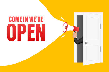 Hand Holding Megaphone with come in we are open. Megaphone banner. Web design. Vector stock...