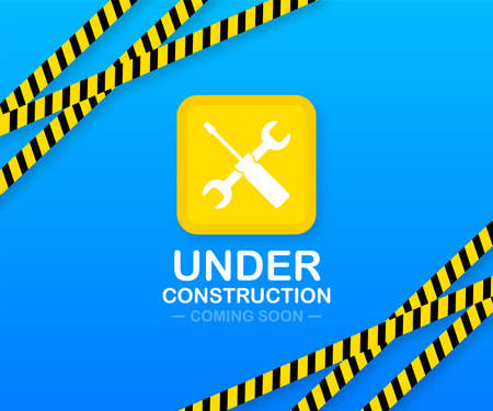 Under construction website page with black and yellow striped borders. Border stripe web. Vector illustration.のイラスト素材