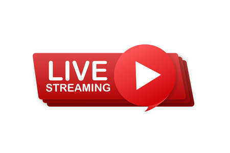 Live streaming flat logo - red vector design element with play button. Vector illustrationのイラスト素材