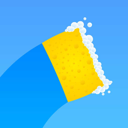 Dishwashing, washing dishes. Dishwashing liquid, dishes and yellow sponge. Vector stock illustrationのイラスト素材