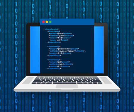 Vector laptop coding concept. Web developer, design, programming. Laptop screen code. Vector illustration.のイラスト素材