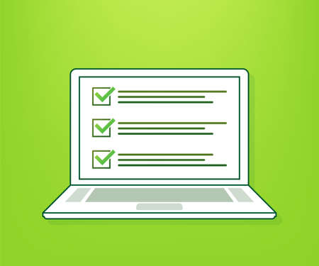 Online survey, checklist, questionnaire icon. Laptop, Computer screen. Feedback business concept. Vector illustration.のイラスト素材