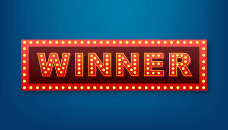 The winner retro banner with glowing lamps. Poker, cards, roulette and lottery. Vector stock illustration.のイラスト素材