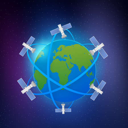 Artificial satellites orbiting the planet Earth. Artificial satellites orbiting the planet Earth, GPS. Vector stock illustration.のイラスト素材