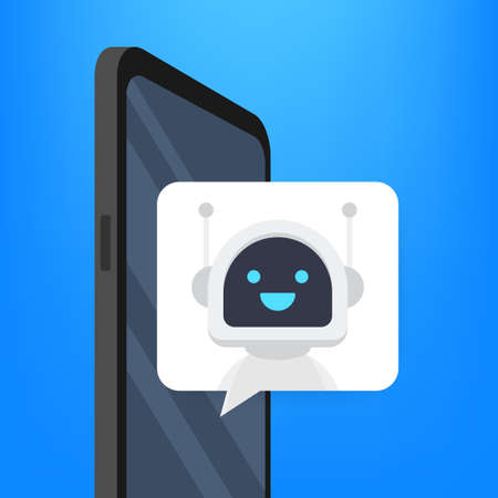 Chat Bot Using on smartphone, Robot Virtual Assistance Of Website Or Mobile Applications. Voice support service bot. Online support bot.のイラスト素材