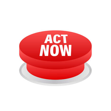 Red round act now button on white background. Vector stock illustration.
