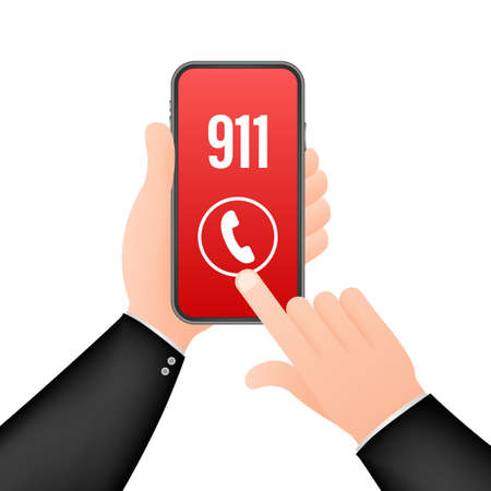 911 smartphone in flat style. Call icon vector. Hand holding smartphone. First aid. Finger touch screen. Vector stock illustrationのイラスト素材