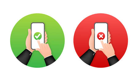 Hands holding smartphones with checkmarks set. Tick and cross check marks. Vector stock illustration.のイラスト素材