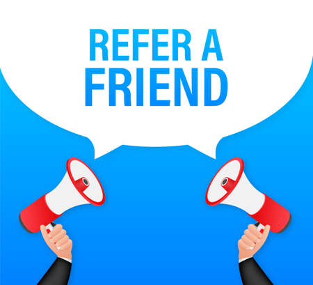Hand holding megaphone, refer a friend. Vector stock illustration.のイラスト素材