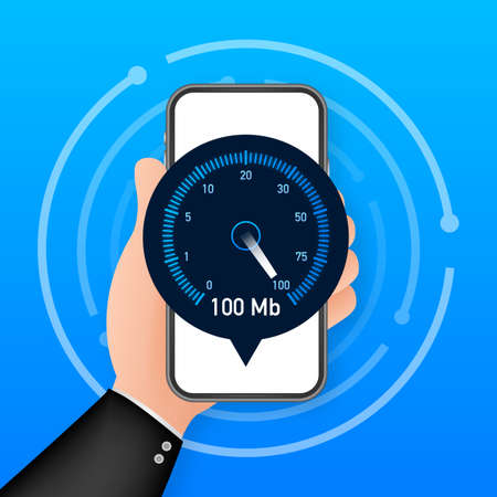 Speed test on smartphone. Speedometer Internet Speed 100 mb. Website speed loading time. Vector...