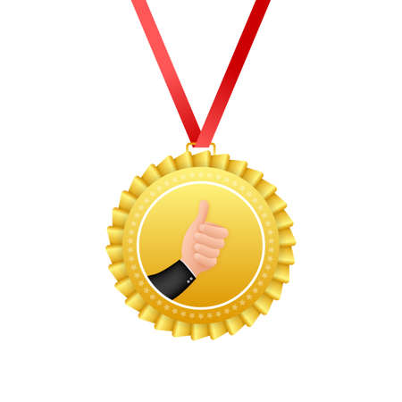 Gold medal with star and red ribbon. Winner award icon. Best choice badge. Vector illustrationのイラスト素材