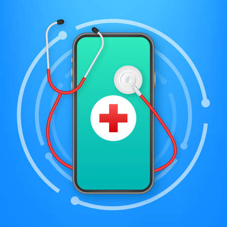 Online docton smartphone for medical design. Health care, medicine service hospital doctor. Healthcare, medicine. Vector stock illustrationのイラスト素材
