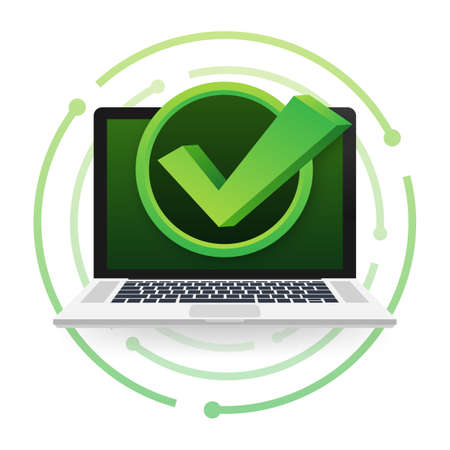 Laptop with checkmark or tick notification in bubble. Approved choice. Accept or approve checkmark. Vector illustrationのイラスト素材
