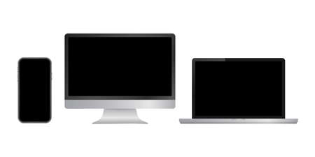 Realistic computer laptop smartphone and tablet. Monitor screen display template. Vector stock illustration.のイラスト素材