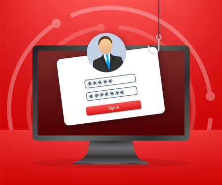 Data Phishing with fishing hook, laptop, internet security. Vector stock illustration.のイラスト素材