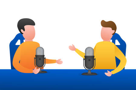 A man is doing live podcasts on his laptop. Live streaming, broadcast flat. Vector stock illustration.のイラスト素材