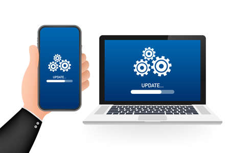 System software update, data update or synchronize with progress bar on the screen. Vector Illustrationのイラスト素材