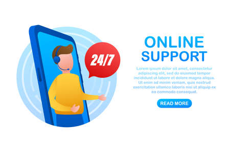 Customer service 24-7. Call center landing page. Online support center, assistance. Vector stock illustration.のイラスト素材