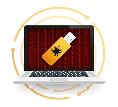 Computer virus on usb flash card. Virus protection. Vector stock illustration.のイラスト素材