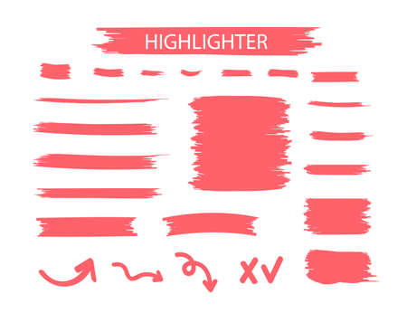 Red Highlighter Marker Strokes. Yellow watercolor hand drawn highlight setのイラスト素材