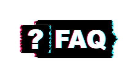 Frequently asked questions FAQ banner. Glitch icon. Computer with question icons. Vector illustration.のイラスト素材
