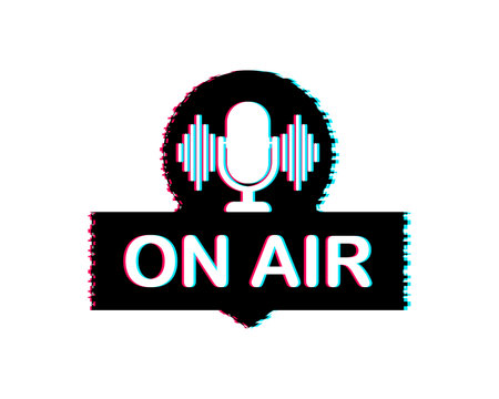 Podcast icon like on air live. Glitch icon. Badge, icon, stamp, logo. Radio broadcasting or streaming. Vector illustration.のイラスト素材
