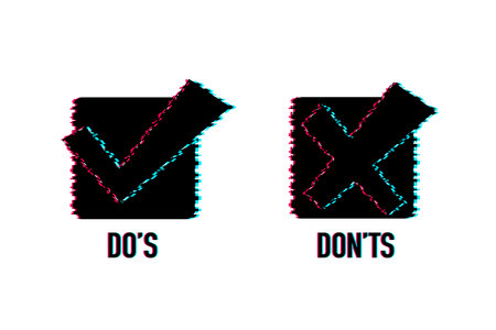 Dos and Donts like thumbs up or down. Glitch icon. Vector stock illustration.のイラスト素材