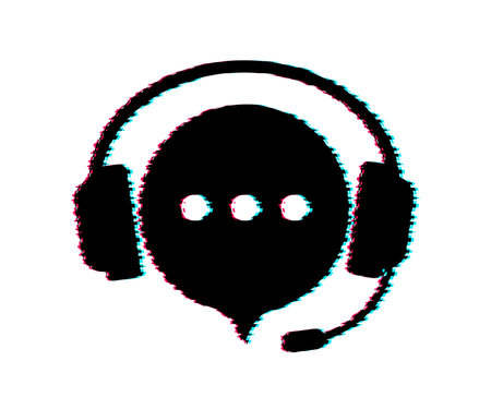 Online support service. Glitch icon. Headphones with microphone and chat speech bubble. Vector stock illustration.のイラスト素材