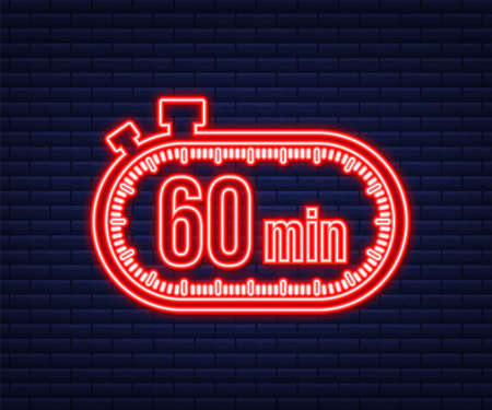 The 60 minutes, stopwatch vector neon icon. Stopwatch icon in flat style, timer on on color background. Vector illustration.のイラスト素材