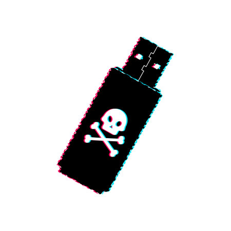 Computer virus on usb flash card. Glitch icon. Virus protection. Vector stock illustration.