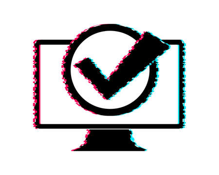 Computer with checkmark or tick notification in bubble. Approved choice. Accept or approve checkmark. Glitch icon. Vector illustration.のイラスト素材