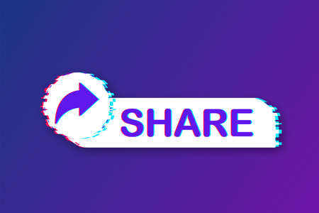Share button in glitch style on blue background. Social media. Vector stock illustration.