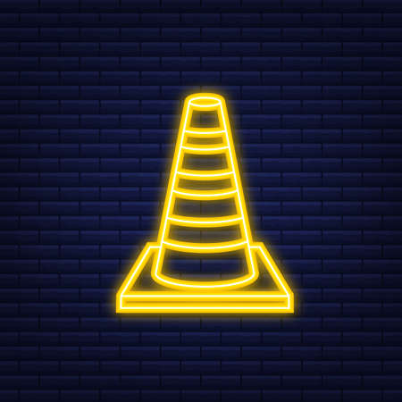 Orange highway traffic cone with white stripes. Neon style. Vector illustration.のイラスト素材